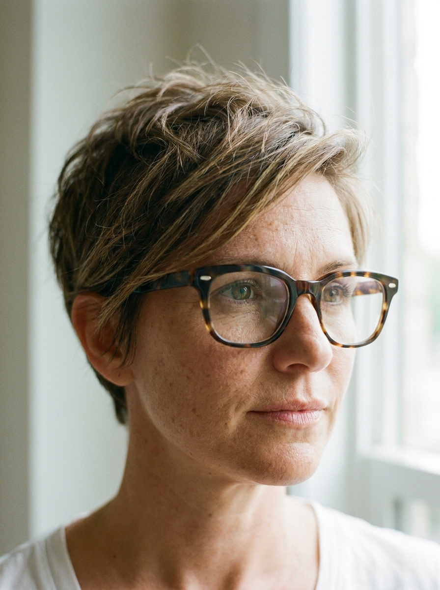 Messy Pixie mit Brille als Kurzhaarfrisuren mit Brille Inspiration 2026